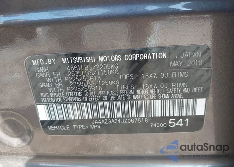 2018 Mitsubishi Outlander Es/Le/Se/Sel from USA, damaged, VIN JA4AZ3A34JZ067518